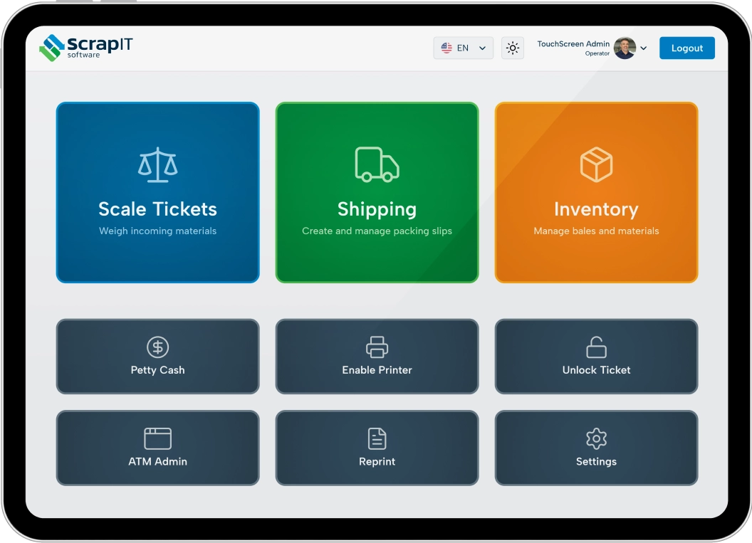 The ScrapIT touchscreen home screen with Scale Tickets, Shipping and Inventory tiles above Petty Cash, Enable Printer, Unlock Ticket, ATM Admin, Reprint and Settings.