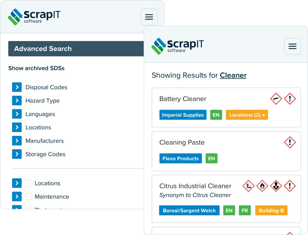 Two overlapping ScrapIT SDS mobile screens: the advanced search filters behind, and search results for "Cleaner" with hazard pictograms and location tags in front.