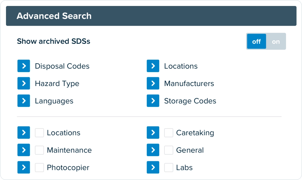 The ScrapIT SDS advanced search panel with filters for disposal codes, hazard type, languages, locations, manufacturers and storage codes.