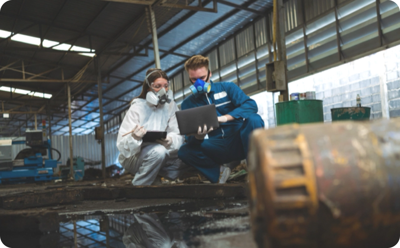 Two workers in protective suits and respirators crouching with a laptop and tablet beside a corroded drum in an industrial shed.