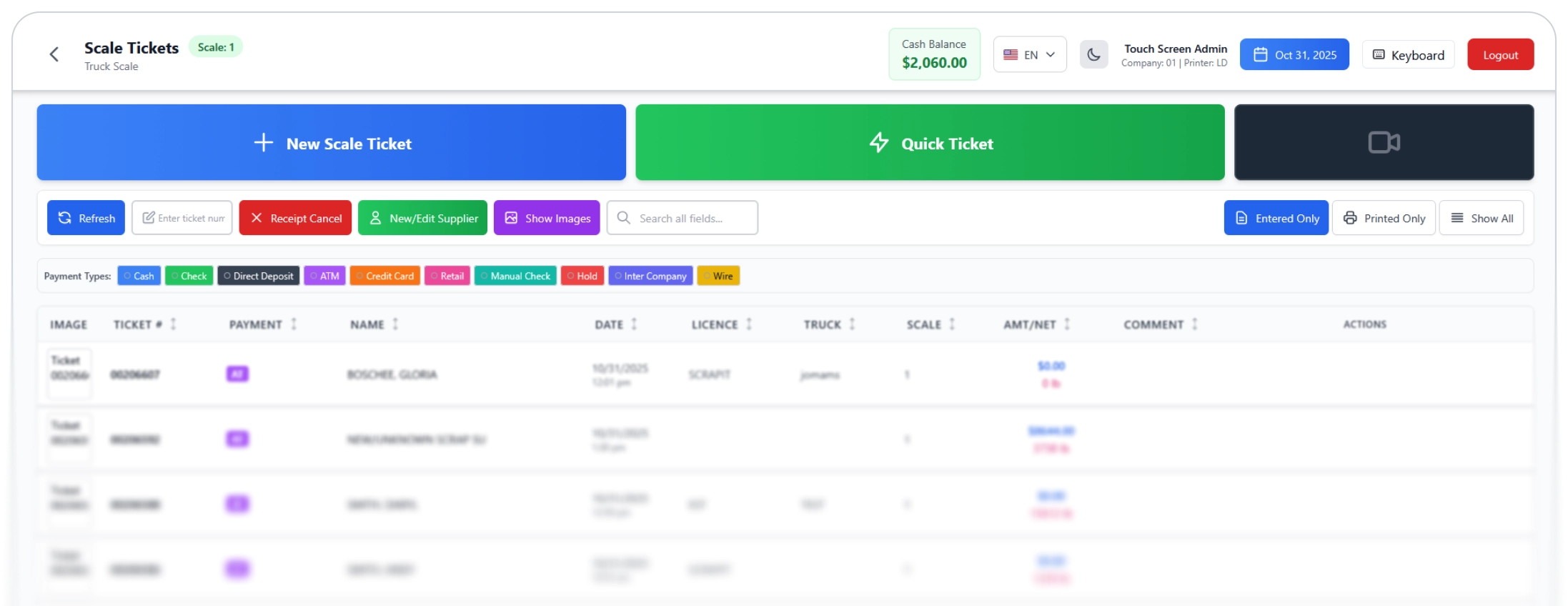 The ScrapIT Scale Tickets list screen, showing open tickets with supplier, date, licence, weight and amount columns.
