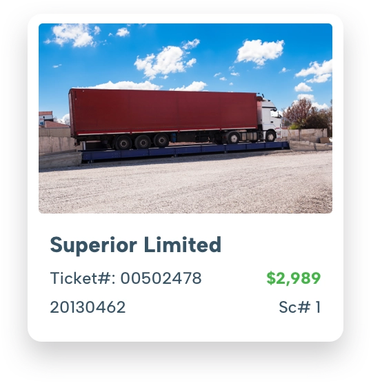A ScrapIT scale ticket card for Superior Limited showing a photo of the truck on the weighbridge, the ticket number and a $2,989 total.