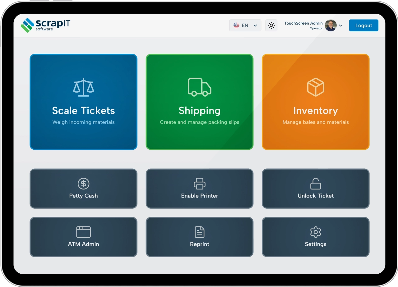 The ScrapIT touchscreen home screen with Scale Tickets, Shipping and Inventory tiles above Petty Cash, Enable Printer, Unlock Ticket, ATM Admin, Reprint and Settings.