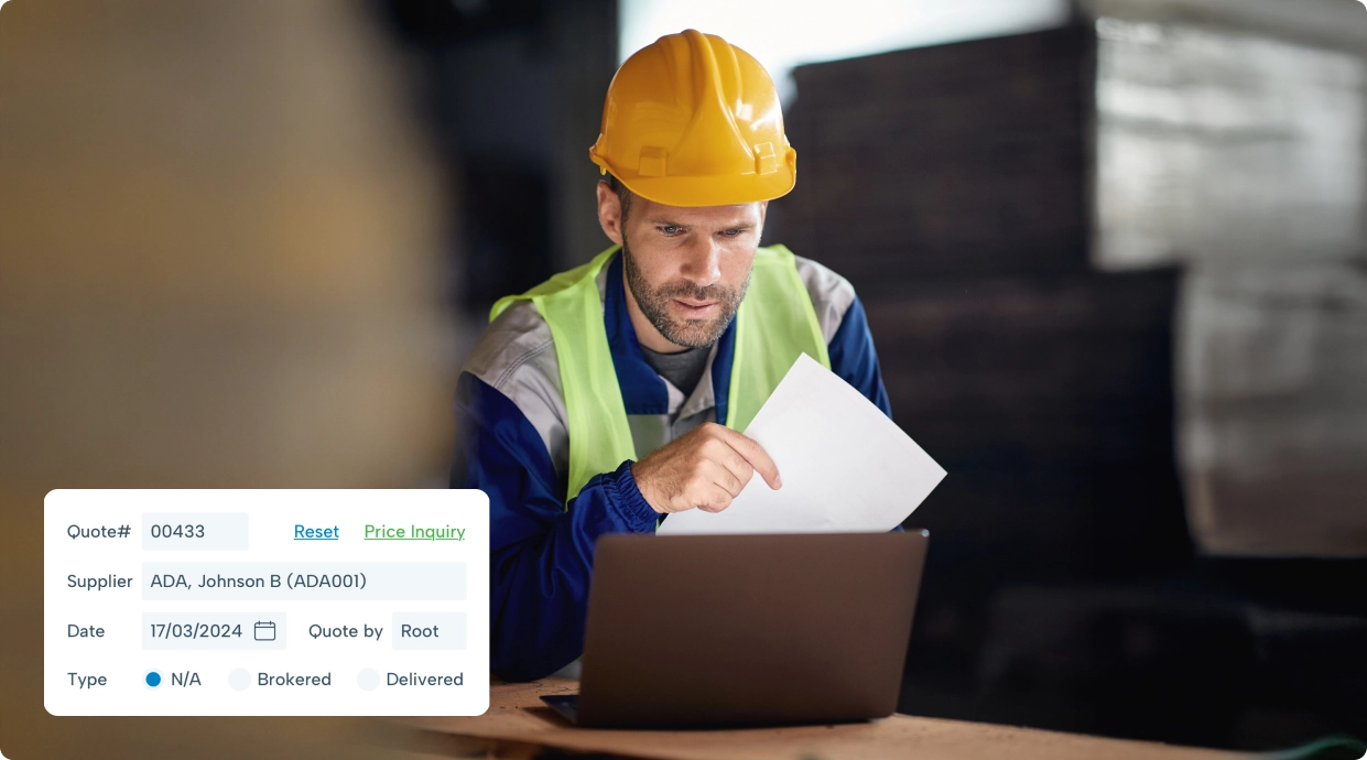 A yard worker in a hard hat and hi-vis jacket reading a printed ticket over an open laptop, with the ScrapIT quote entry fields shown alongside.