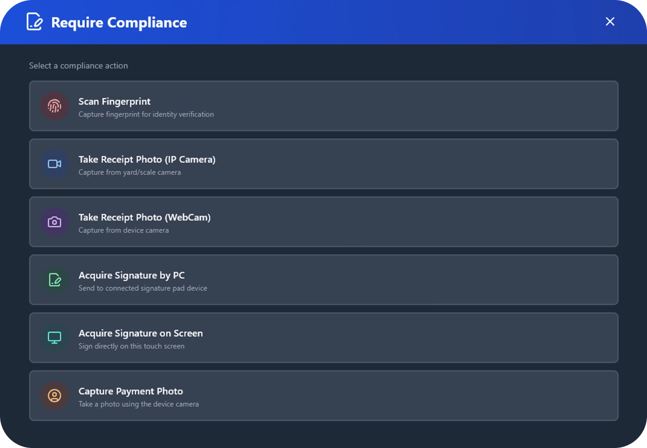 The ScrapIT Require Compliance dialog, listing fingerprint scan, IP camera and webcam receipt photos, signature capture by PC or on screen, and payment photo actions.