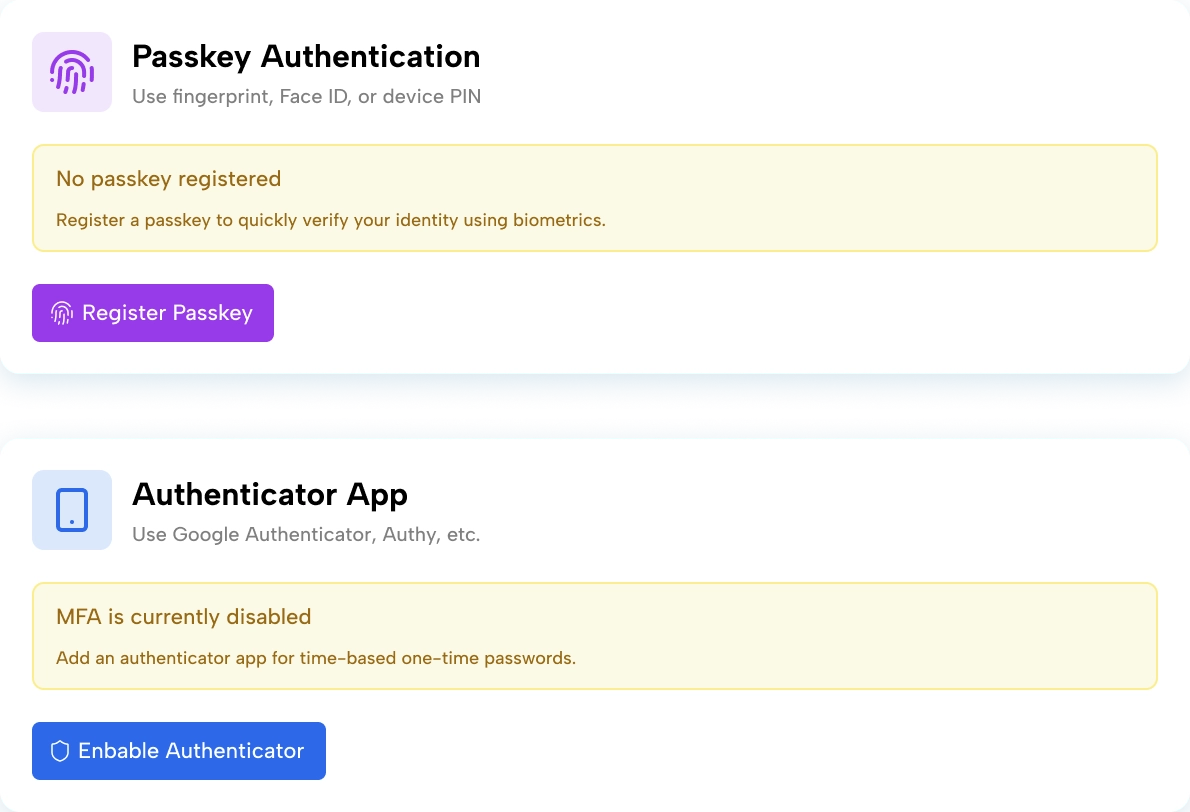 The ScrapIT security settings, with Passkey Authentication and Authenticator App (MFA) setup cards.