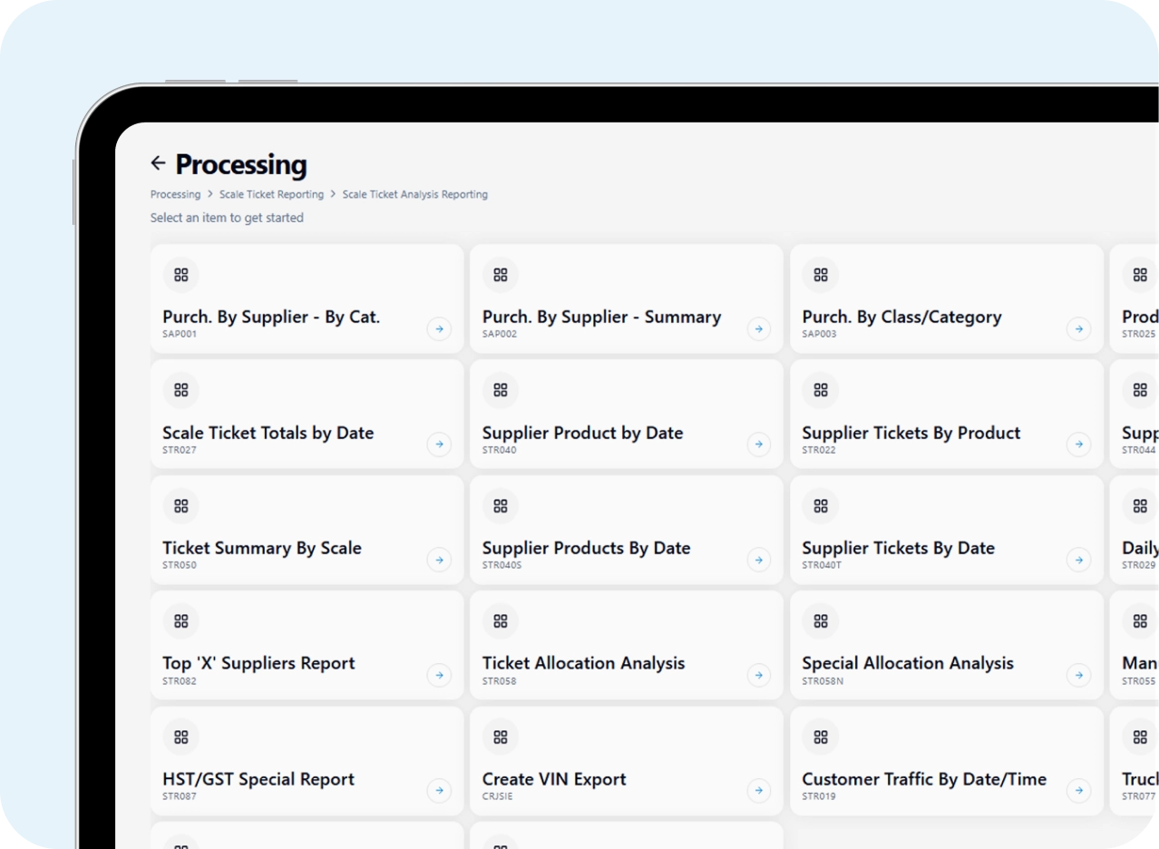 The ScrapIT Scale Ticket Analysis Reporting catalogue on a tablet, listing supplier, product, ticket and HST/GST reports.