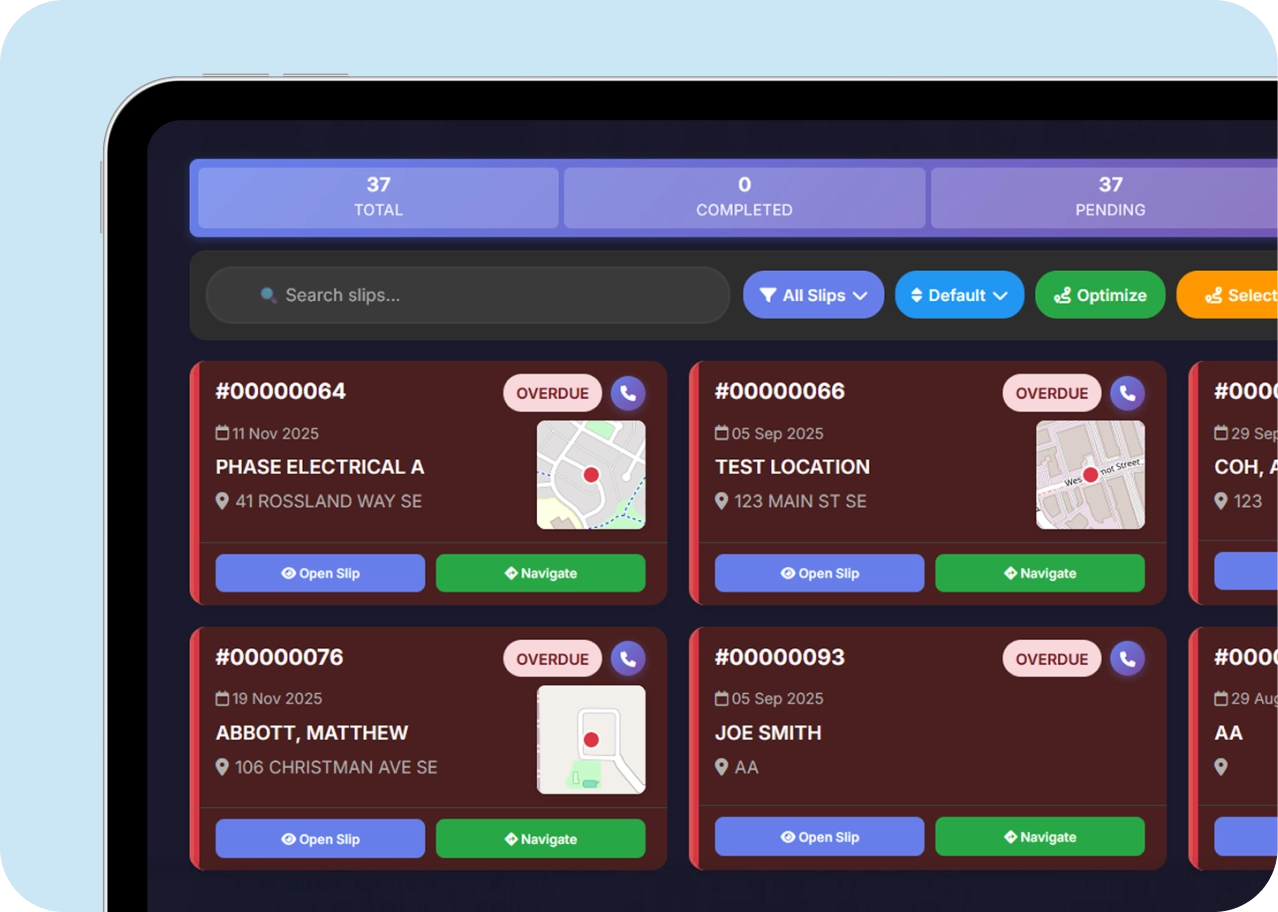 The ScrapIT driver app on a phone, showing job cards with addresses, mini maps and Open Slip and Navigate buttons.