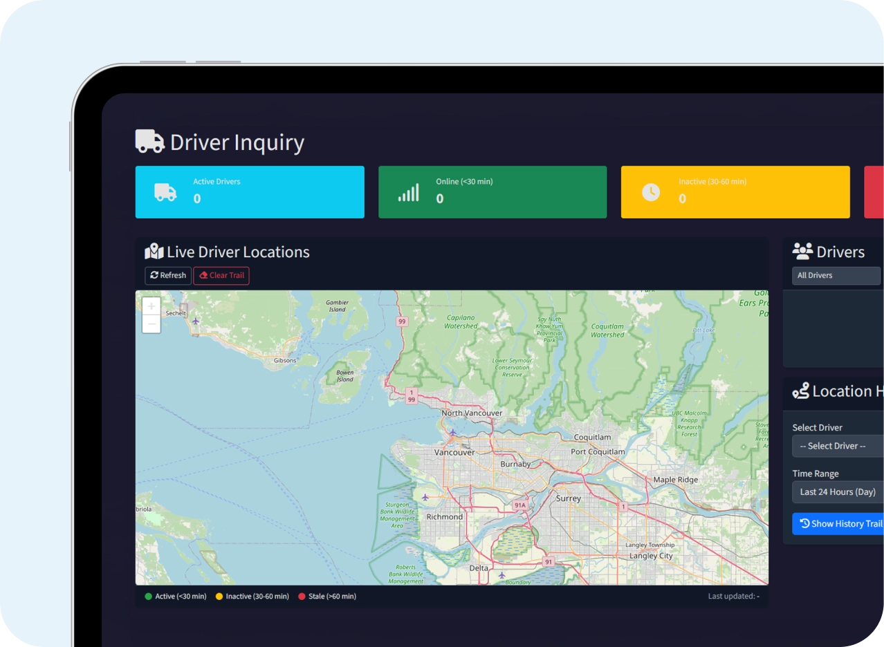 The ScrapIT Driver Inquiry dashboard with active, online, inactive and stale driver counters above a live driver location map.