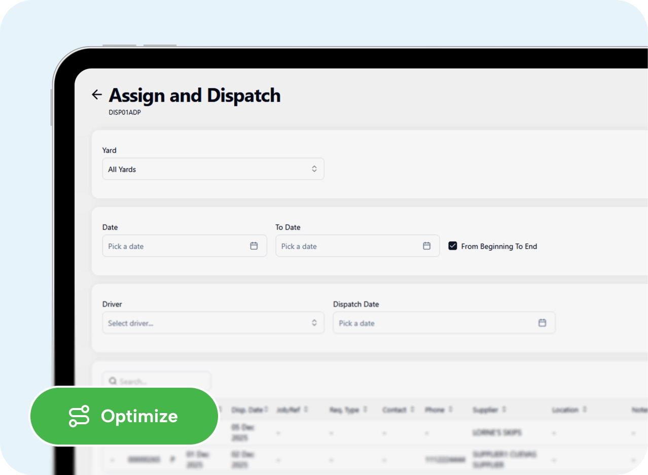The ScrapIT Assign and Dispatch screen with yard, date and driver filters above a routed list of dispatch slips.