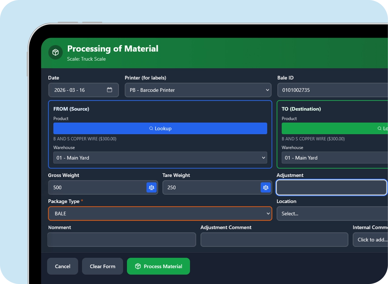 The ScrapIT Processing of Material screen, recording a bale ID, source and destination product, gross and tare weight and package type.