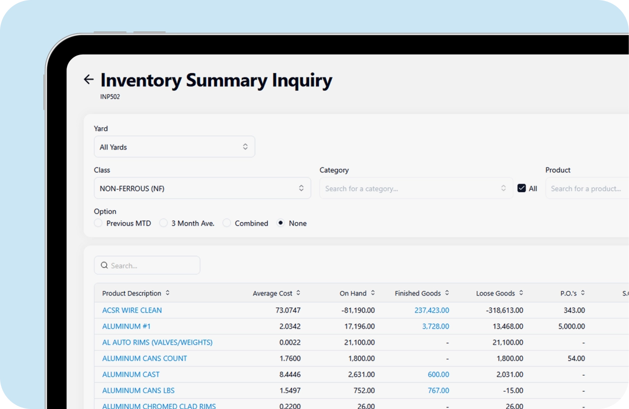 The ScrapIT Inventory Summary Inquiry on a tablet, listing average cost, on-hand, finished and loose goods for each product across all yards.