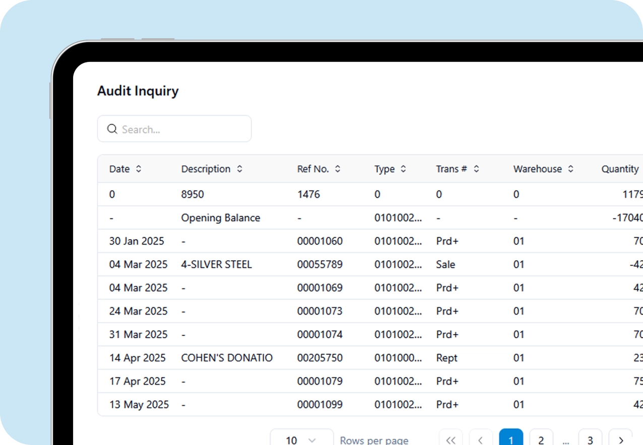 The ScrapIT Audit Inquiry screen on a tablet, listing inventory transactions by date, description, reference number, type, warehouse and quantity.