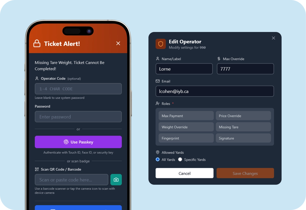 A phone showing a ScrapIT Ticket Alert that asks an operator to sign in for a missing tare weight, beside the Edit Operator dialog with max override, roles and allowed yards.