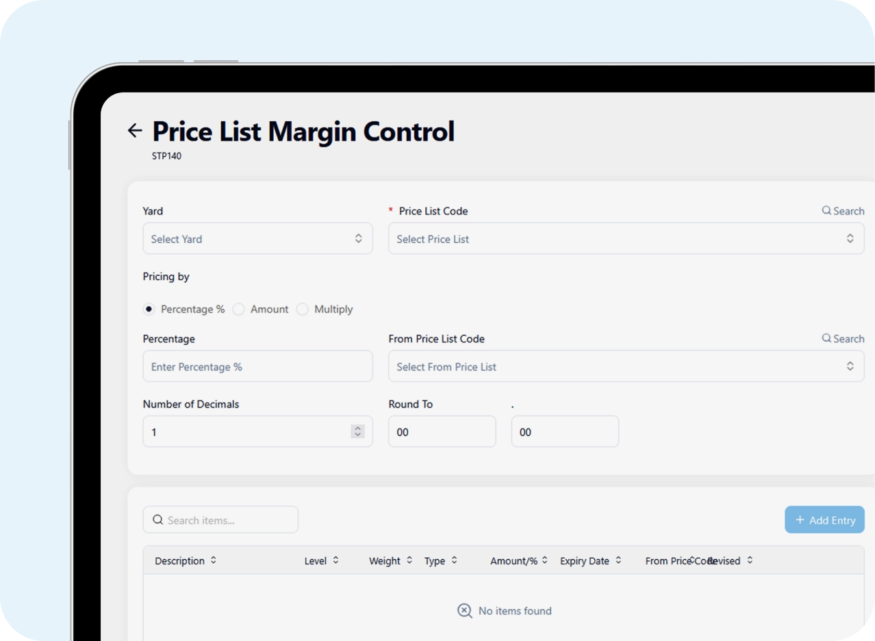 The ScrapIT Price List Margin Control screen for deriving one price list from another by percentage, amount or multiplier.