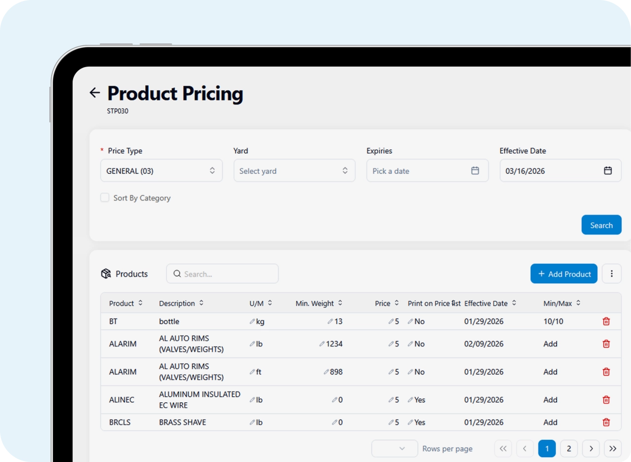 The ScrapIT Product Pricing screen on a tablet, with price type, yard, expiry and effective date filters above a paginated product price list.