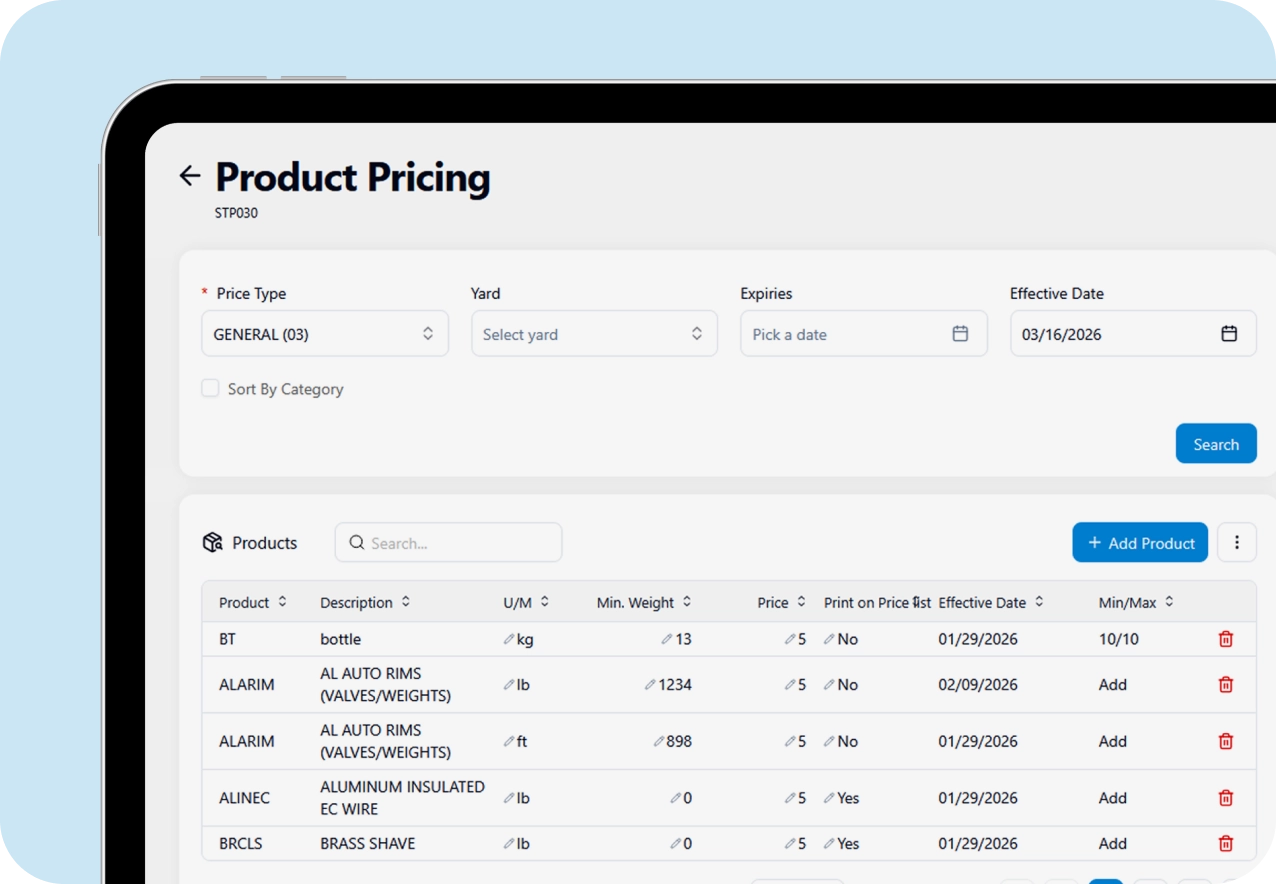 The ScrapIT Product Pricing screen on a tablet, with price type, yard and effective date filters above an editable product price list.