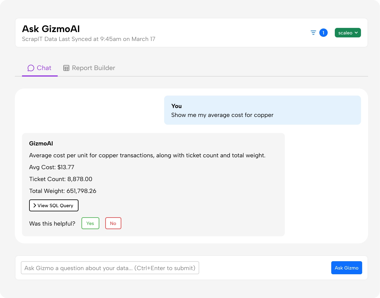 The ScrapIT Gizmo AI panel answering a plain-language question about average cost per product with a generated report.