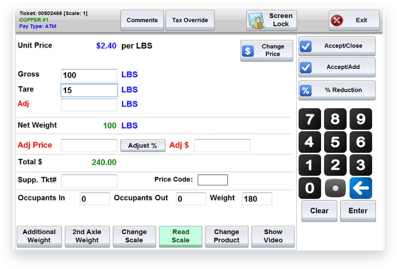 A legacy ScrapIT ticket entry screen with gross, tare and net weights, unit price and an on-screen numeric keypad.