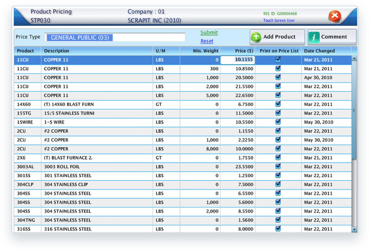 A legacy ScrapIT product pricing screen listing copper and stainless grades with unit prices and effective dates.