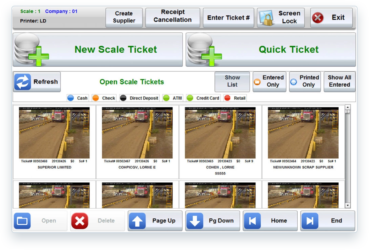 A legacy ScrapIT scale ticket screen showing open tickets as photo thumbnails with payment type badges.